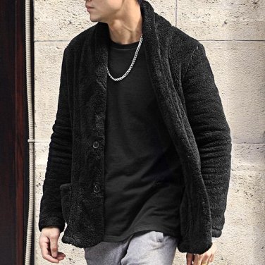 Winter 2017 Mens new design warm black cardigan slim cotton with pockets metrosexual man plush furry