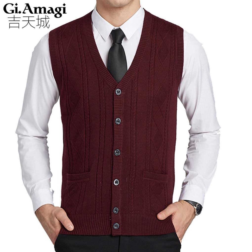 Casacos Autumn Winter Middle-aged Wool Vest Male Cardigan V-neck Knitting Vest Sleeveless Sweater Wa