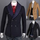 New 2014 Winter Brand Fashion Knitted Collar Woolen Mens Coats Double Breasted Slim Fit Thicken Oute