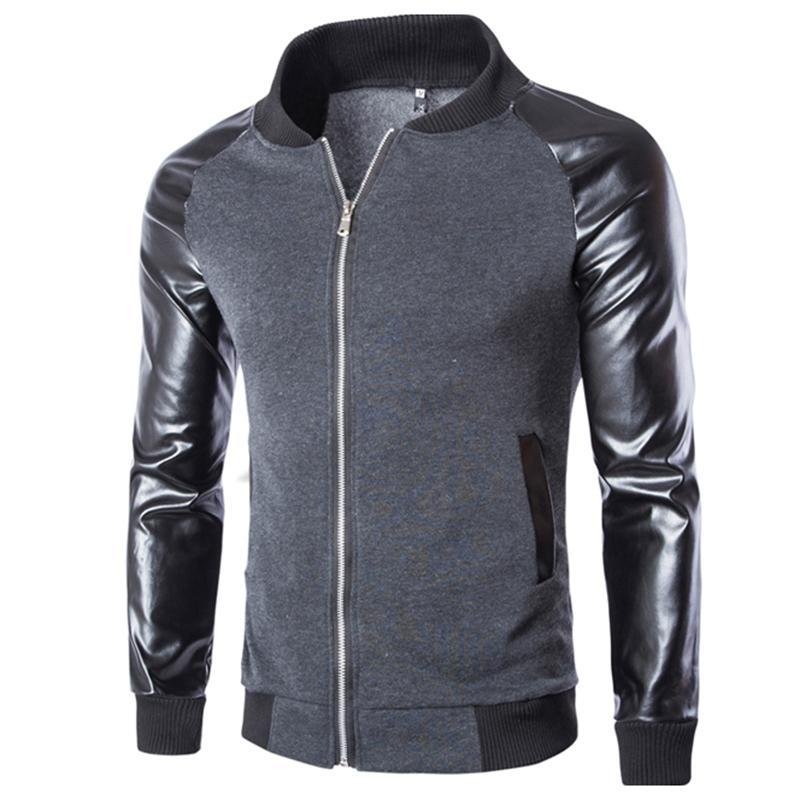 2016 New Arrival Fashion Men\'s PU Leather Mandarin Collar Sleeves Patchwork Baseball Jacket Coat La