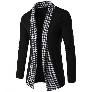 2017 spring autumn new houndstooth placket patchwork color solid cardigan pull homme mens turn down 