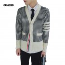 Men\'s houndstooth cardigan spring autumn slim fit fashion casual man sweater coat stripe splice car