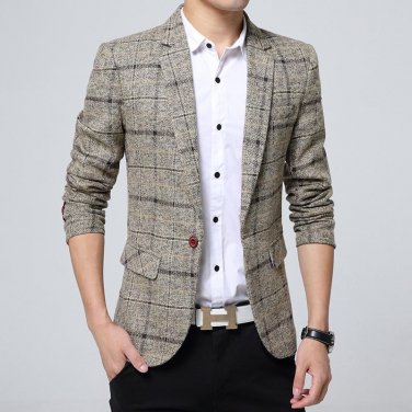Blazer men 2017 Spring Autumn New Mens knitting Plaid Suit Fashion Single Button Casual Silm Social 