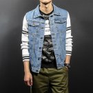 Classic Mens Denim Jackets Striped Knitted Sleeve Fashion Jeans Jacket Coat Men Slim Fit Outfit Casu