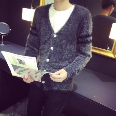 Spring and autumn V-neck solid color long fur sweater outerwear male cashmere cardigan knitted loose