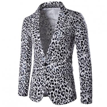 Fashion Chic Jacket Men One Button Suit Coat 2017 Casual Slim Fit Leopard Printed Male Party Stage W