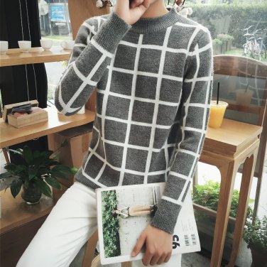 2017 autumn and winter small fresh men plaid loose semi-high neck thicken sweater warm coat Slim Fit