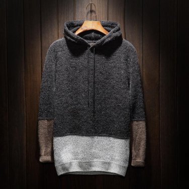 Autumn and winter Knitted hooded Jacket coat men patchwork Hooded sweater stitching male warm sweate