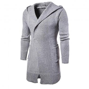 Gresanhevic New Mens Long Sleeve Hooded One Button Casual Knitted Trench Coat Jumper Sweater