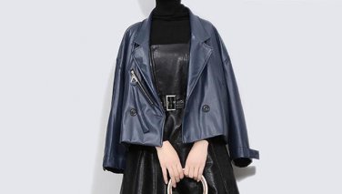 new autumn winter lapel long sleeve solid color black blue PU leather big size jacket women fashion 
