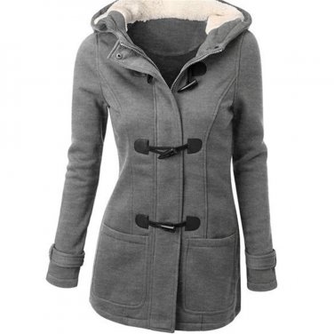 Autumn Hooded Horn Button Coat Plus velvet Women Winter Parkas Grey Outwear New Fashion Long Women O
