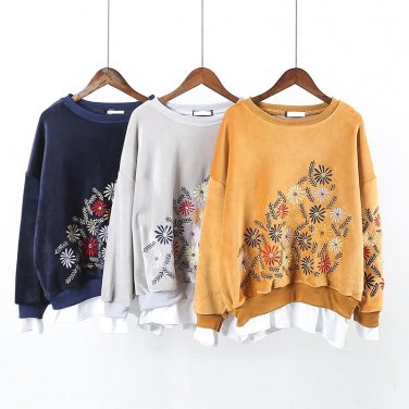 Autumn Winter New Student Pullovers Shirt Women Loose All-match Embroidery Stitching False Two Piece