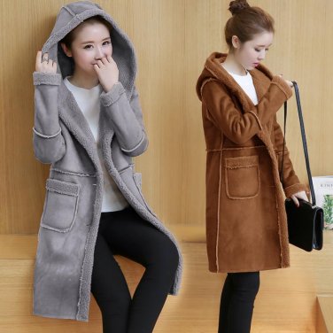 New 2017 Winter Suede Lambswool Velvet Thickening Hooded Women Parkas Slim Mid Long Section Warm Coa