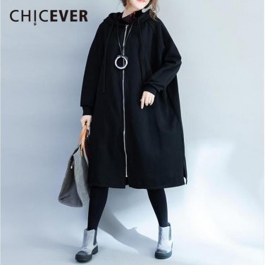 CHICEVER Winter Plus Velvet Thick Black Trench Coat Female Windbreaker Long Sleeve Loose Big Size Wo
