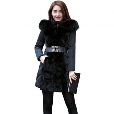 Women Elegant Winter Warm Long Coat Down Padded Jacket Slim Fur Collar Hooded Parka Coats 2017 Femal