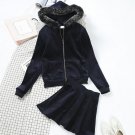 Winter Velvet Clothing Set Women Leisure Velvet Hooded Fur Collar Sweatshirt Hoodies Coat + Skirt Su