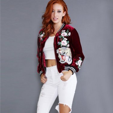 Plus Size Flower Tiger Embroidery Velvet Black Jackets Coats 2017 Autumn Winter Roses Streetwear Fas