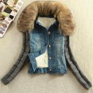 Hot Winter New 2015 Female Faux Fur Collar Knitted Sleeve Thick Velvet Lining Warm Denim Jacket  Wom