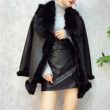 Winter Plus Velvet Trench Coat Female Women\'s Windbreaker Leather Hair Thick Slim Long Sleeve Black