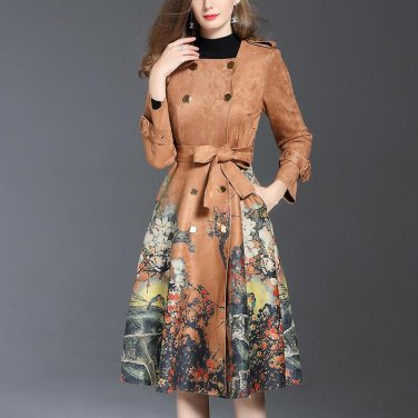 Women Coat Double Breated Warm Velvet Vintage Autumn Winter Coat Floral Printed Fashion High-End Bel
