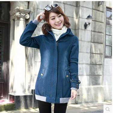 Women\'S Korean Long Section Plus Velvet Denim Jacket Large Size Casual Patchwork Winter Cotton Padd