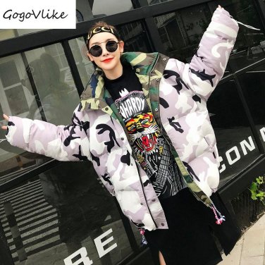 Camouflage Print Cotton Padded Jacket Dual Use 2017 Winter Women Street Warm Thick Coat  hooded LT11