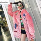 Cute pink Eyelet Arygyle Cotton Padded Jacket  2017 Winter Women Warm Funny Cartoon Embroiedery Velv