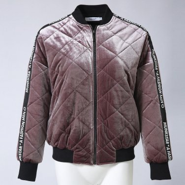 Winter Female Velvet Quilted Jacket Brand Letter Patchwork Zipper Bomber Padded Short Basic Parkas W