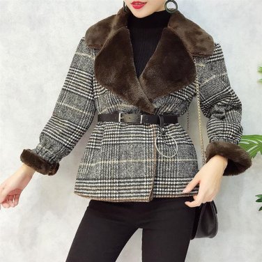 Winter Plus Velvet Woolen Women Coat Female Long Sleeve Slim Warm Lace Up Women basic Coats Clothes 