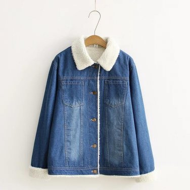 Women Denim Lapel Lambskin Jacket Coats Solid Button Plus Velvet Thick Jackets Femme 2017 Autumn Win