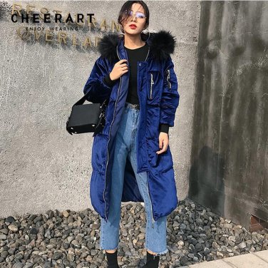 Cheerart Thicken Winter Velvet Long Down Jacket Parka Women Fur Hood Quilted Coat Anorak Overcoat Fe