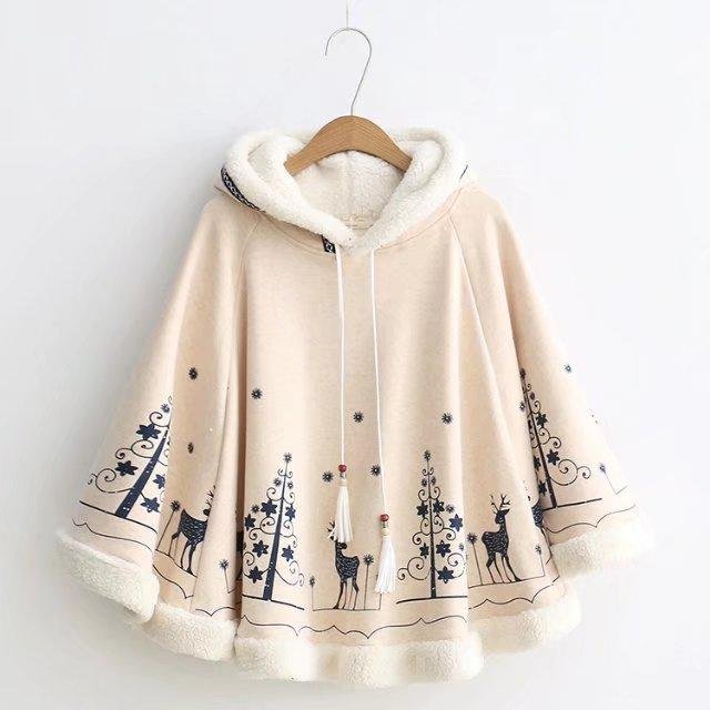 Autumn Winter Ethnic Hooded Forest Trees and Deer Printing Loose Bat Sleeve Pullovers Hoodies Velvet