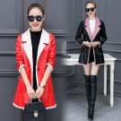Women Winter Overcoat Slim Fashion Turn Down Collar Pocket Warm Long Velvet PU Leather Coat Outfit L