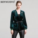 Elegant Velvet Female Coats Fresh 2017 Autumn Winter Full Lantern Sleeve Hot Sale Diamonds V-neck Fa