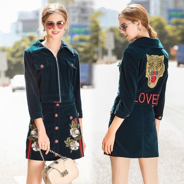 Women Skirt Suits 2017 Fall Winter Fashion New Velvet Embroidered Two Pieces Sets Turn Down Collar Z