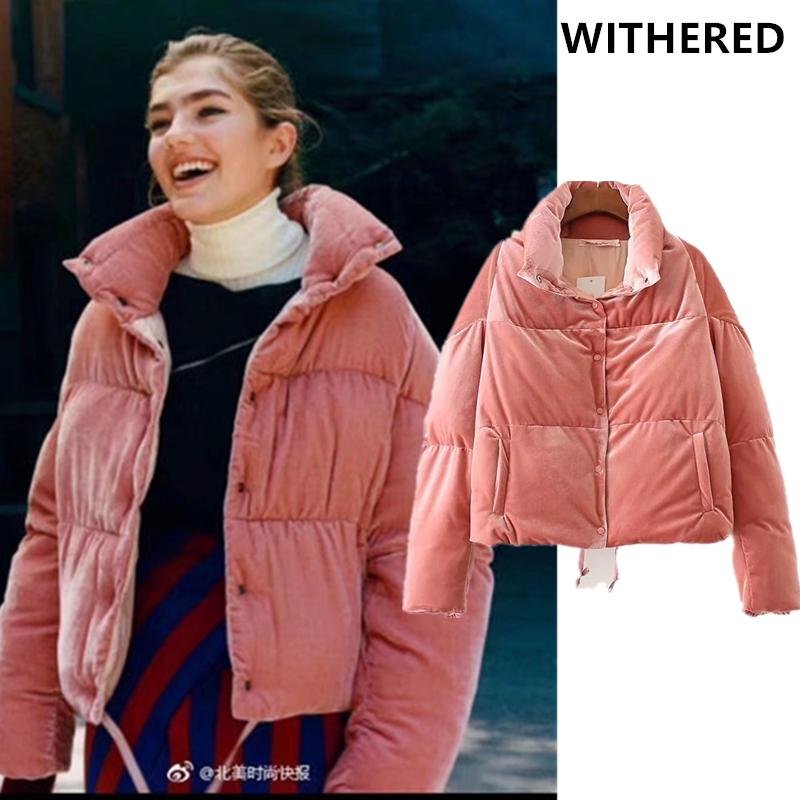 Withered 2017 BTS winter jacket women parkas vintage velvet pink color thick keep warm batwing sleev