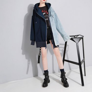 Hooded Patchwork Denim Women Jacket Female Coats Long Sleeve Velvet Loose Big Size Winter Sweatshirt
