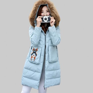Women Thick Winter New Robot Embroidered Hooded Duck Down Jacket Fashion Long 90 Velvet Outwear Coat