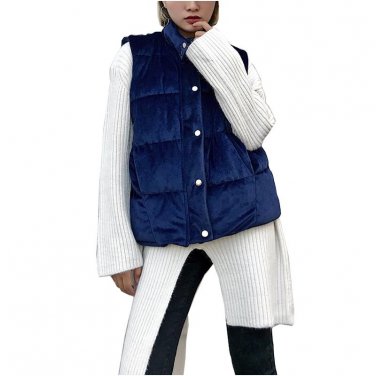 Women Winter Thick Warm Vest Female Autumn Cotton Padded Velvet Outwear Solid Mandarin Collar Sleeve