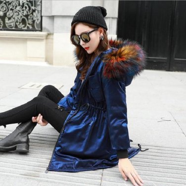SMFOLW Winter jacket Women 2017New High Qualit Raccoon Fur Collar Hooded Coat Velvet shiny Parkas Ou