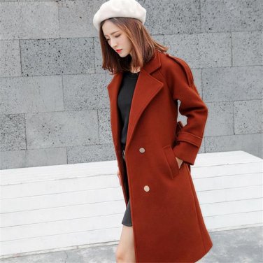 DoreenBow Autumn Winter Brown Black Women Wool Blend HIGH QUALITY Pockets Double Brested Sashes Fash