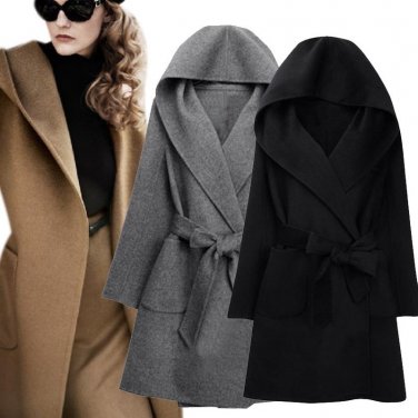 2016 New Winter Women Wool Coat Long Sleeve Two Sides Wear Belted Loose Warm Woolen Jacket Hooded Ou