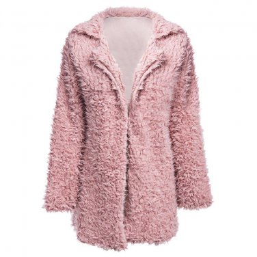 Gamiss 2017 Warm Winter Wool Overcoat Women Outerwear Pink Faux Fur Coat Turn Down Collar Long Sleev