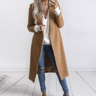 New Winter Autumn Coat Women Elegant Lapel Neck Casual Office Woolen Long Trench Coat Jacket Ladies 
