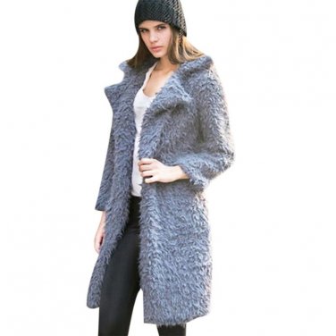 Winter Grey Wool Overcoat Warm Outerwear Women Pink Faux Fur Coat Turn Down Collar Long Sleeve Cardi