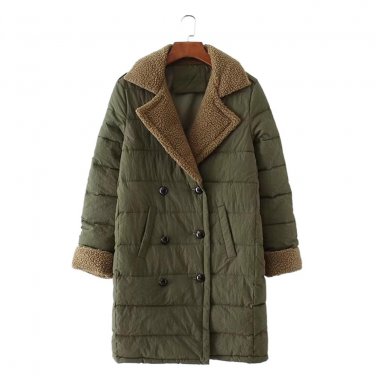 Gamiss Women Winter New Parkas Double-Breasted Long Sueded Wool Splicing Lapel Pockets Flocking Coat