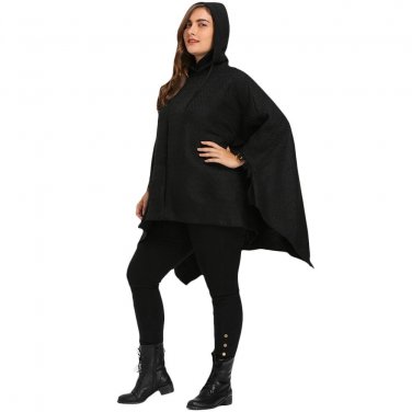 Gamiss Black Trendy Autumn Winter Coat Asymmetric Batwing Sleeve Plus Size Cape Coat Hooded Outwear 