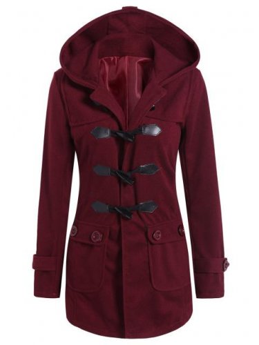 Women New Coat Winter Wool Blend Hooded Flap Pockets Duffle Black Red Woollen Coat Female Overcoat C