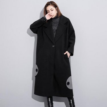 new winter lapel long sleeve black split joint loose big size long warm jacket women coat fashion ti