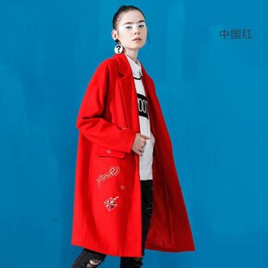 Wool Blend Coat Cape Collar Pattern Embroidered Long Sleeve Medium Long Woolen Coat Women Winter Ove
